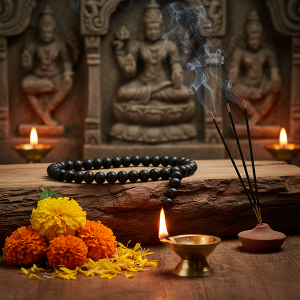 Stretchable Karungali Mala 8mm in a spiritual Indian setting with diya, flowers and incense