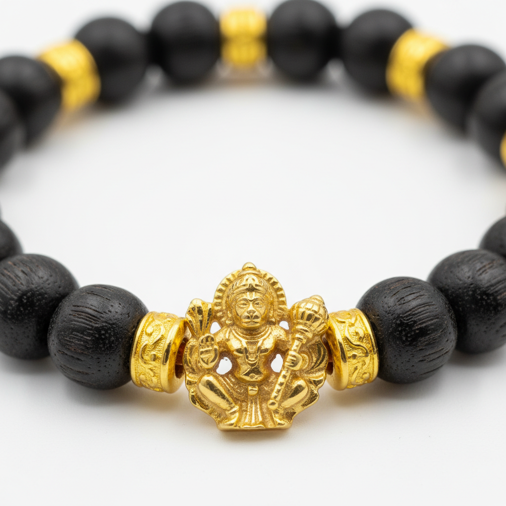 7mm Golden Capped Karungali Mala macro close-up showing black ebony bead texture, golden cap detail and Hanuman pendant craftsmanship