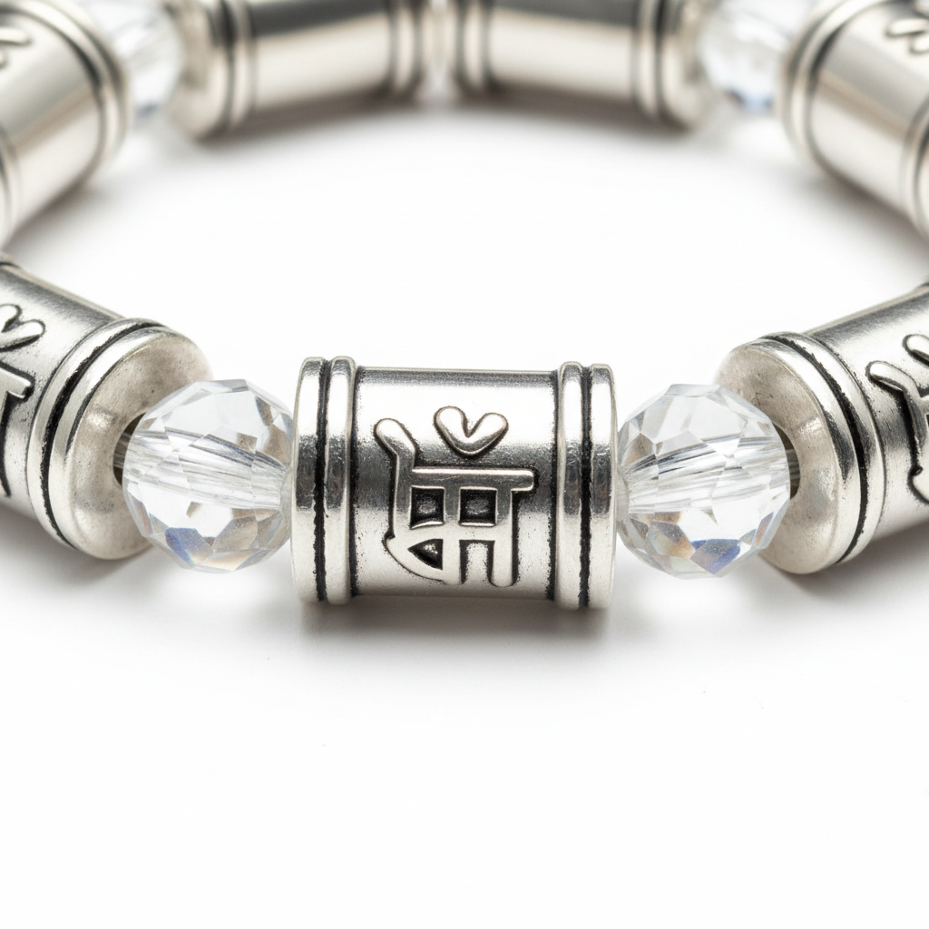 Metal Dhan Yog Bracelet Silver close-up of silver metal accents and crystal beads