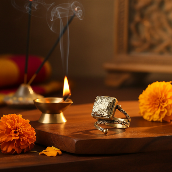 Pyrite Square Ring golden square-cut stone in a serene spiritual setting