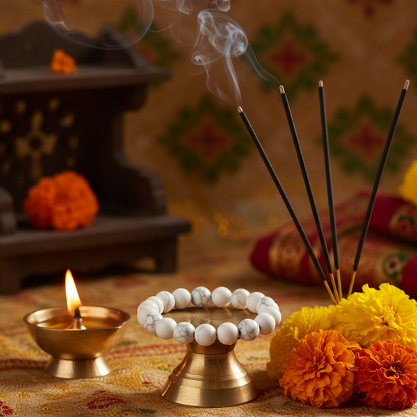 White howlite bracelet in a spiritual Indian setting with diya, flowers and incense