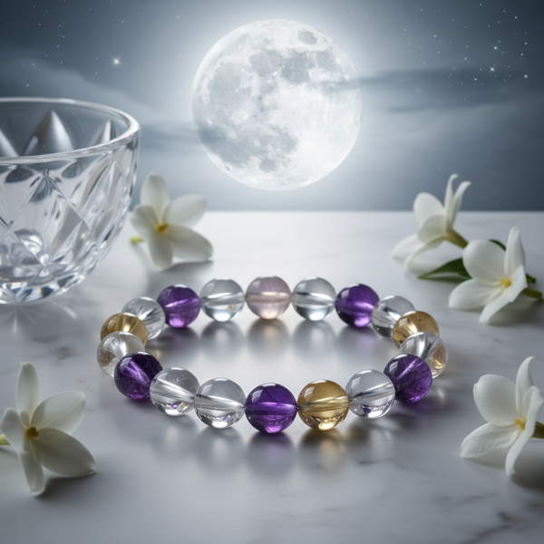 Energised Dhan Yog Bracelet charged under full moon Purnima in a serene spiritual setting