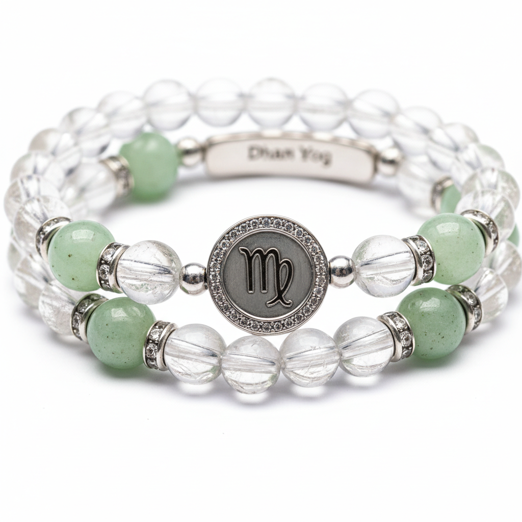 Dhan Yog Virgo Bracelet close-up of zodiac wealth crystal beads on white background