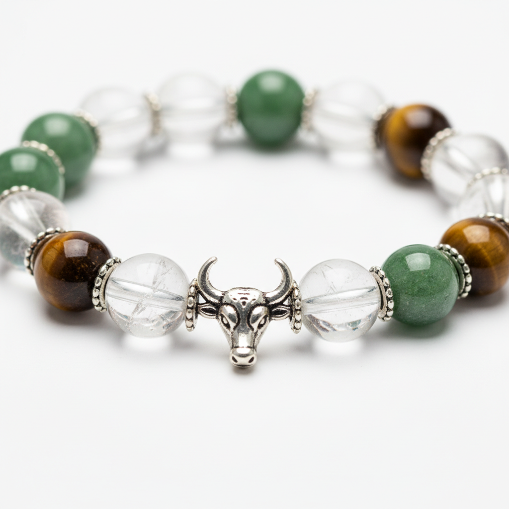 Dhan Yog Taurus Bracelet close-up of zodiac wealth crystal beads on white background