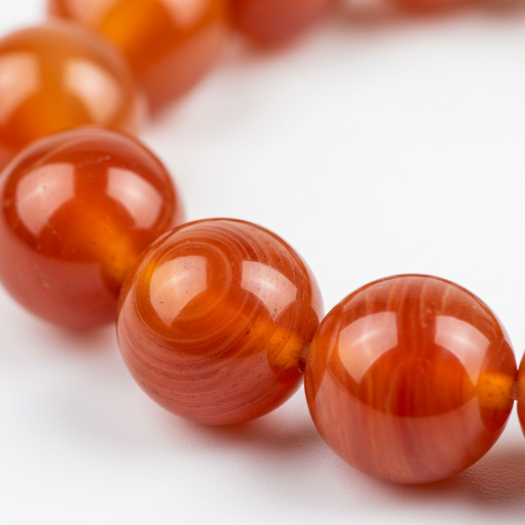 Carnelian Bracelet macro close-up of vibrant orange carnelian bead texture on white background
