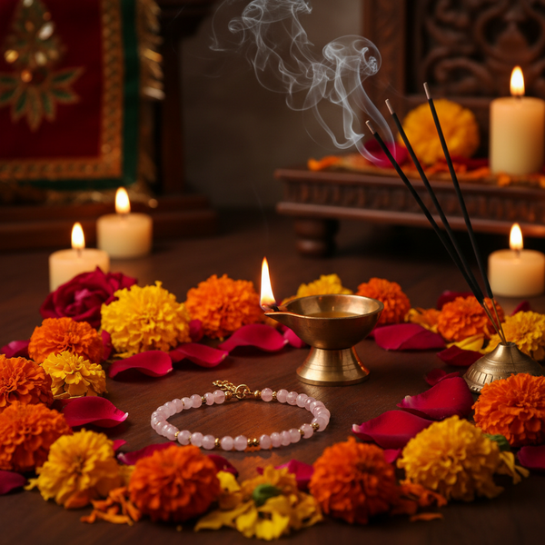 Rose Quartz Anklet in a spiritual Indian setting with diya, rose petals and marigold flowers