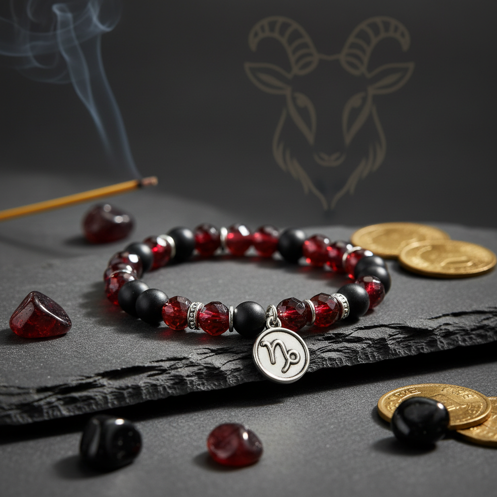 Dhan Yog Capricorn Bracelet zodiac wealth crystals with earthy grey golden tones in a serene spiritual setting