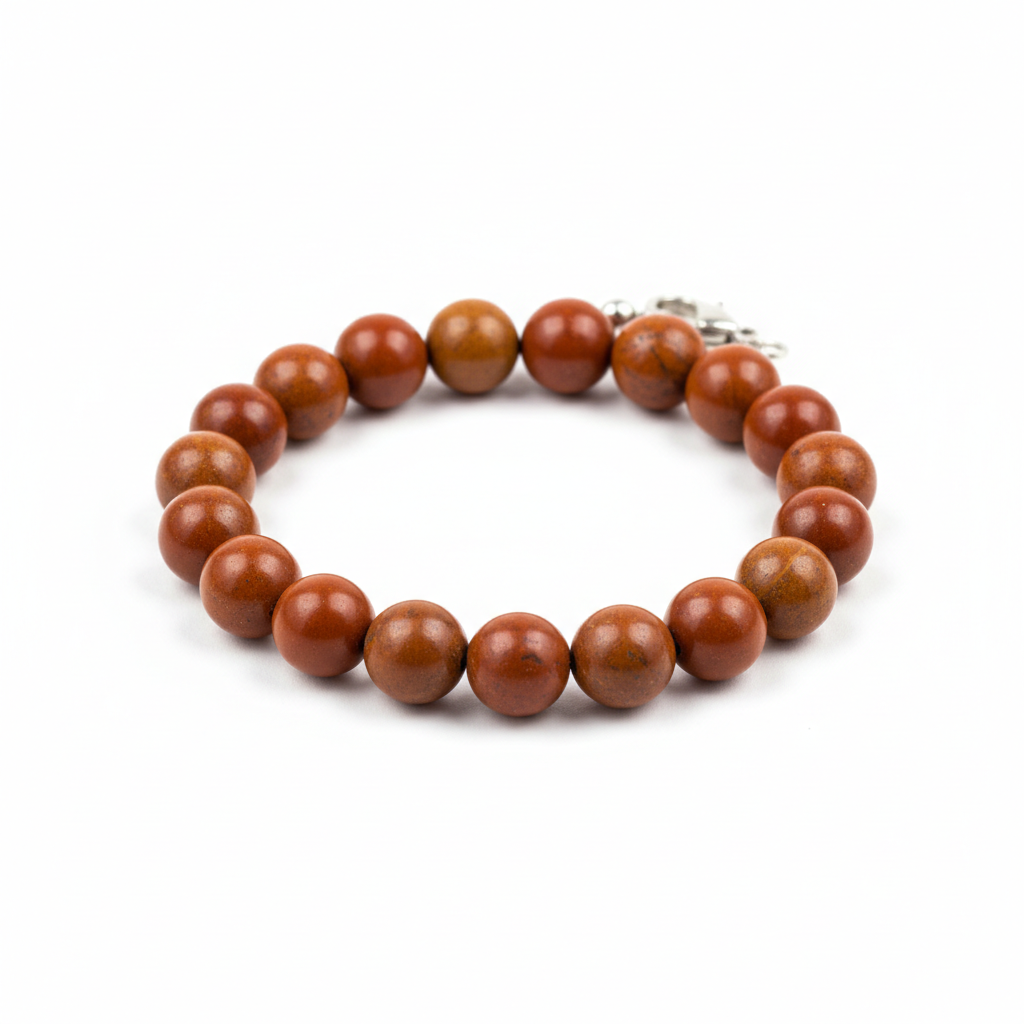 Red jasper bracelet full shot on white background showing warm earthy brick-red beads