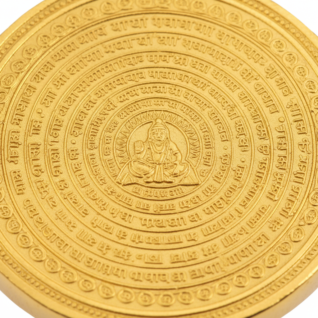Siddh Hanuman Chalisa Kavach Gold macro close-up showing inscribed Hanuman Chalisa text and golden finish detail