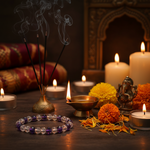 Cancer Bracelet in a spiritual Indian setting with diya, marigold flowers and incense