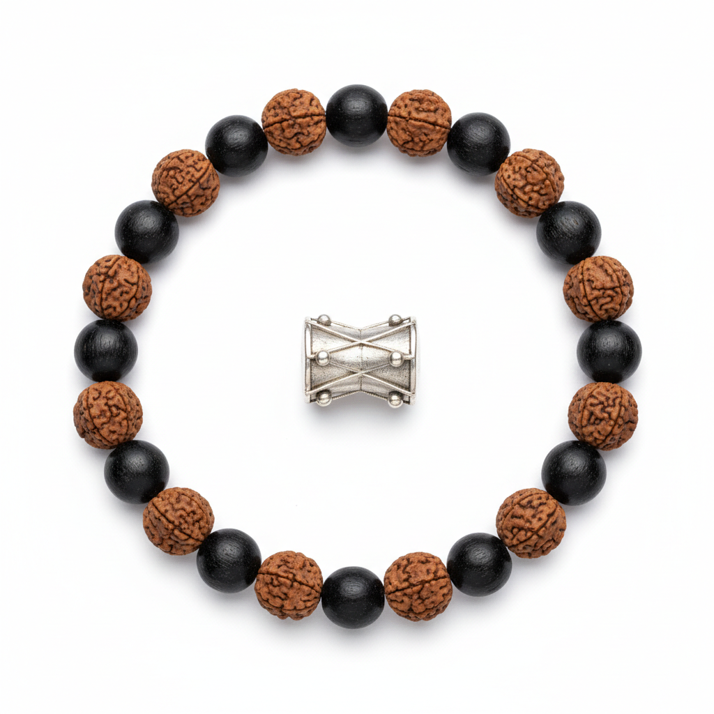 Karungali Rudraksha Damru Bracelet full product shot on white background showing alternating bead pattern