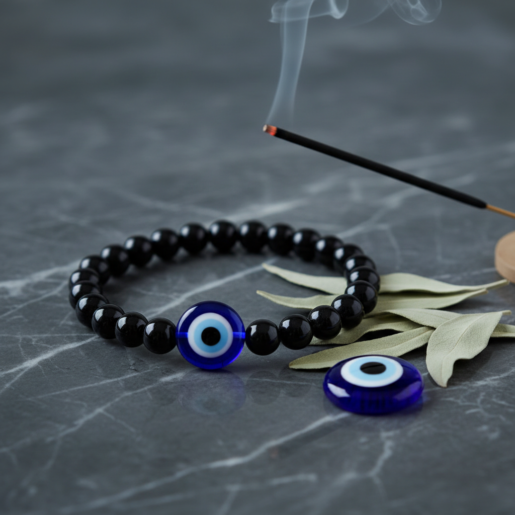 Evil Eye with Black Tourmaline Anklet in a serene protective spiritual setting