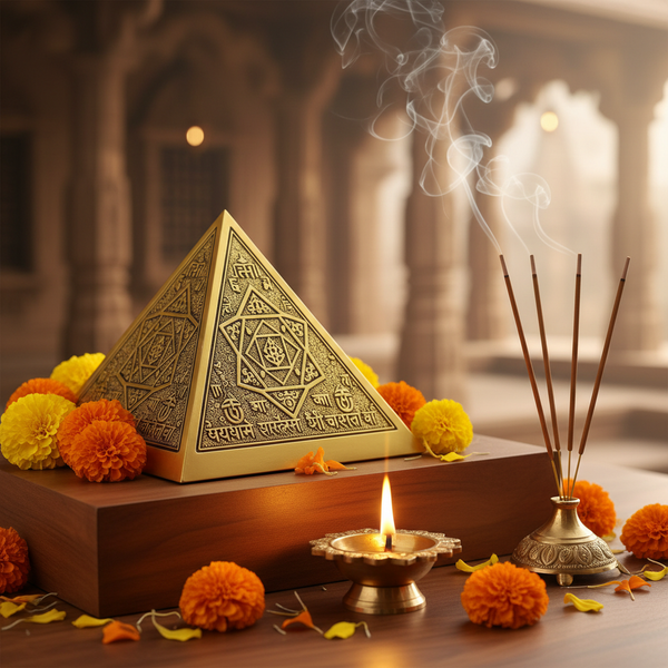 Siddh Lakshmi Yantra Pyramid in a spiritual Indian setting with diya, flowers and incense
