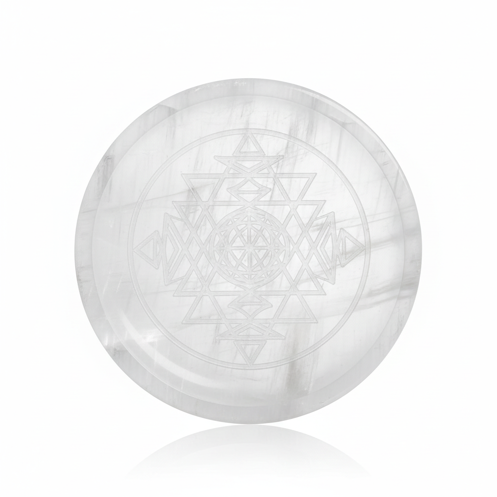 Shree Yantra Selenite Plate full shot on white background showing sacred geometry engraving