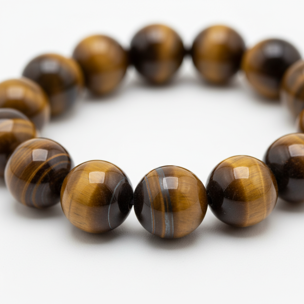 Tiger Eye Bracelet close-up of golden brown chatoyant tiger eye beads on white background
