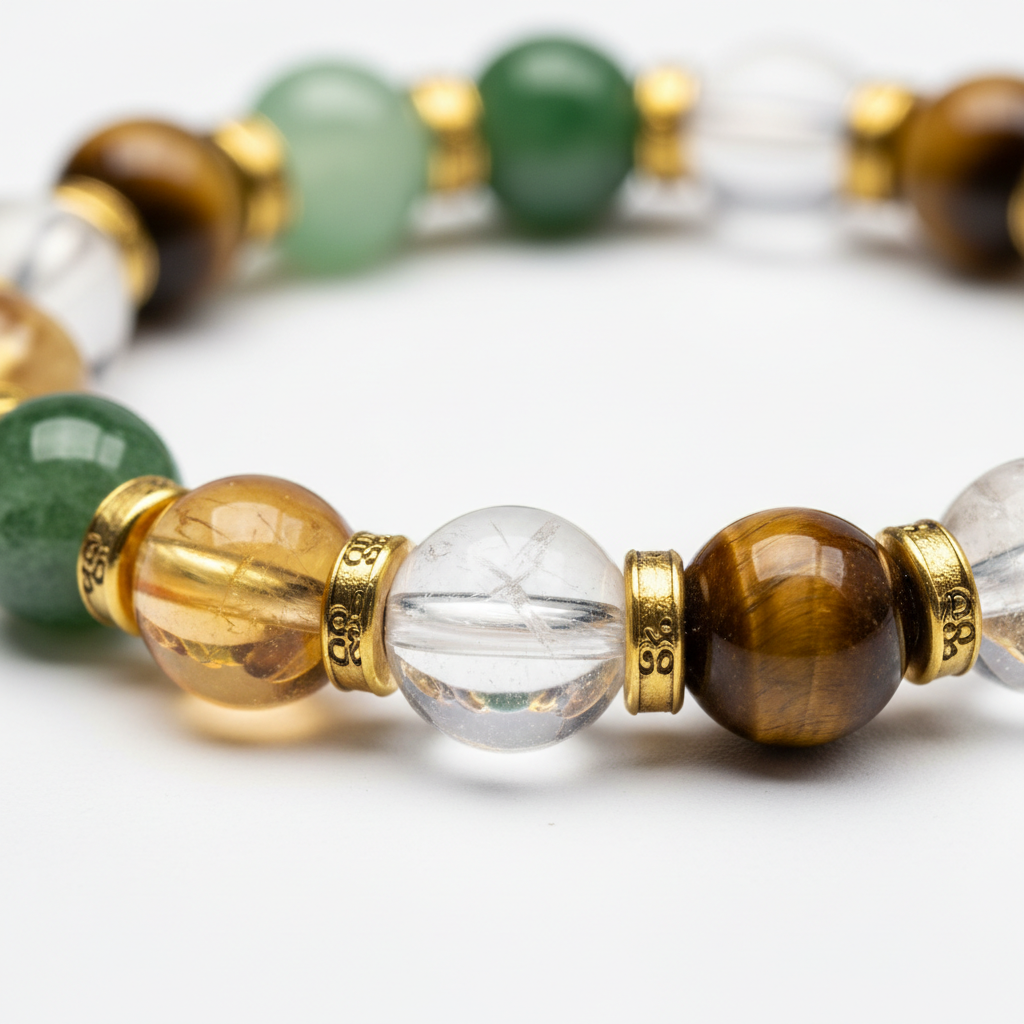 Dhan Yog Bracelet close-up detail of crystal beads on white background