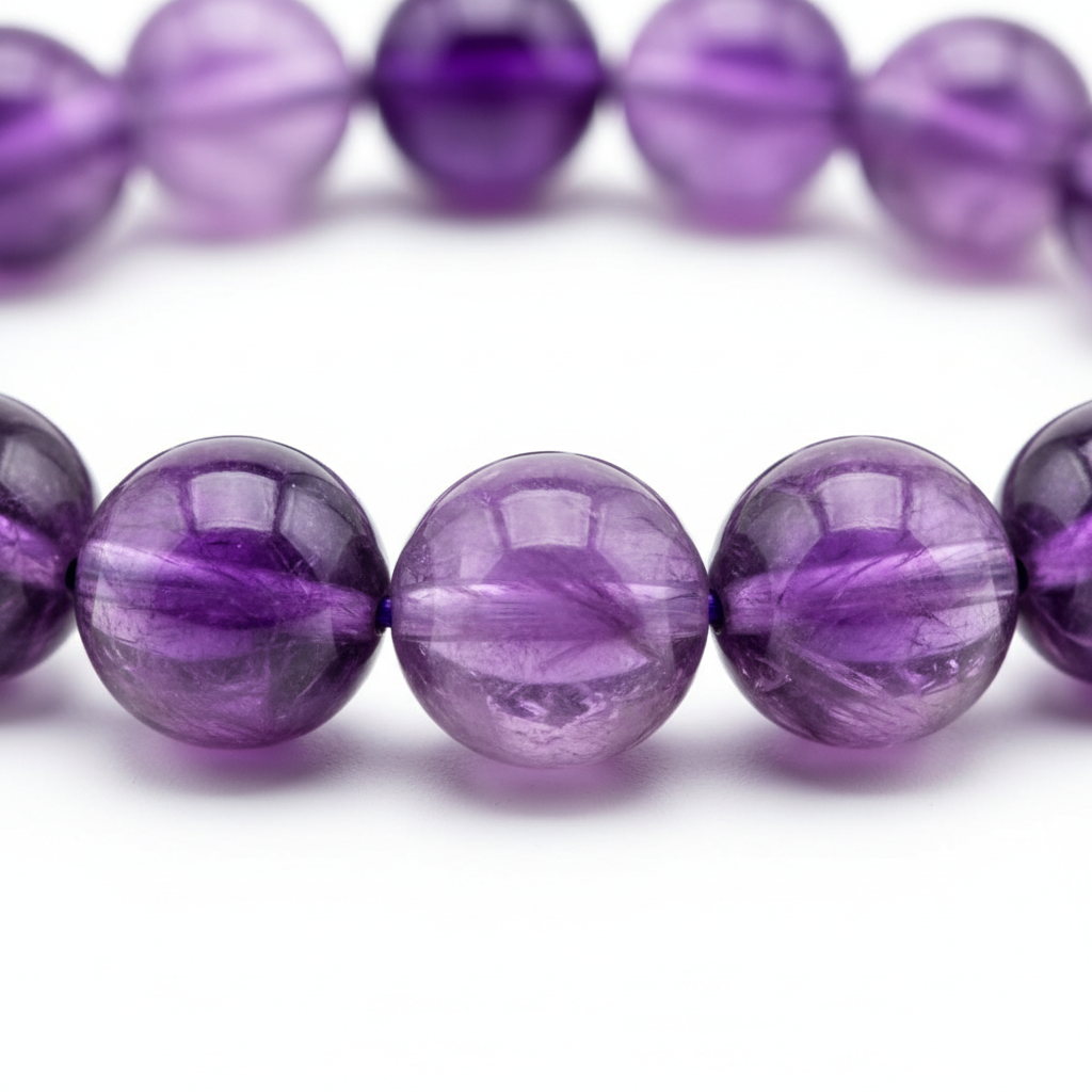 Amethyst Bracelet close-up of violet amethyst beads on white background