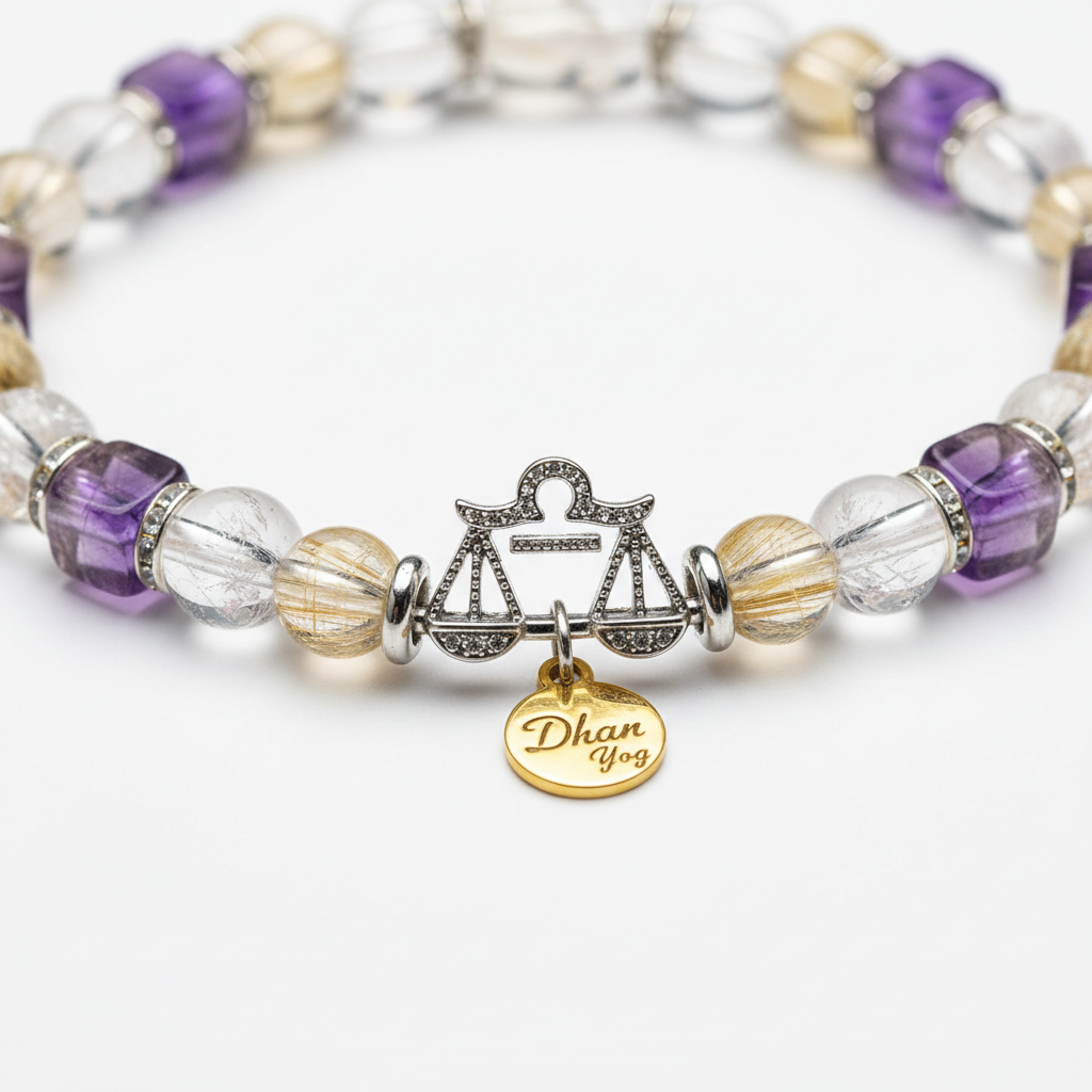Dhan Yog Libra Bracelet close-up of zodiac wealth crystal beads on white background