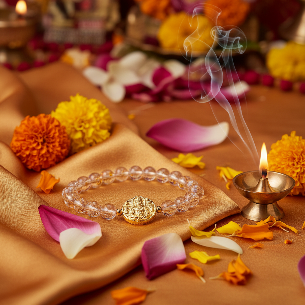 Dhan Laxmi Bracelet crystal beads with marigolds and diya in a serene devotional setting