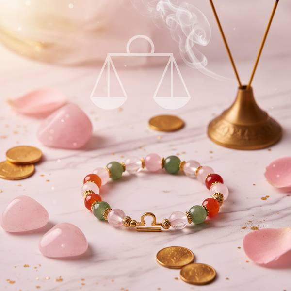 Dhan Yog Libra Bracelet zodiac wealth crystals with soft pink golden tones in a serene spiritual setting