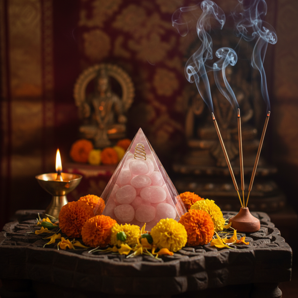 Rose Quartz Resin Pyramid in a spiritual Indian setting with diya, flowers and incense