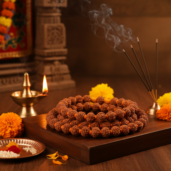 1-14 Mukhi Siddh Mala with multiple Rudraksha beads in a spiritual Indian setting with diya, flowers and incense