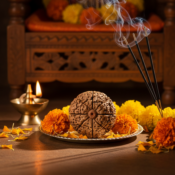 Nepal Origin 4 Mukhi Rudraksha bead in a spiritual Indian setting with diya, flowers and incense
