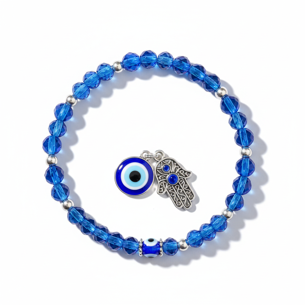 Evil Eye Hamsa Bracelet full product shot on white background showing evil eye and Hamsa charms