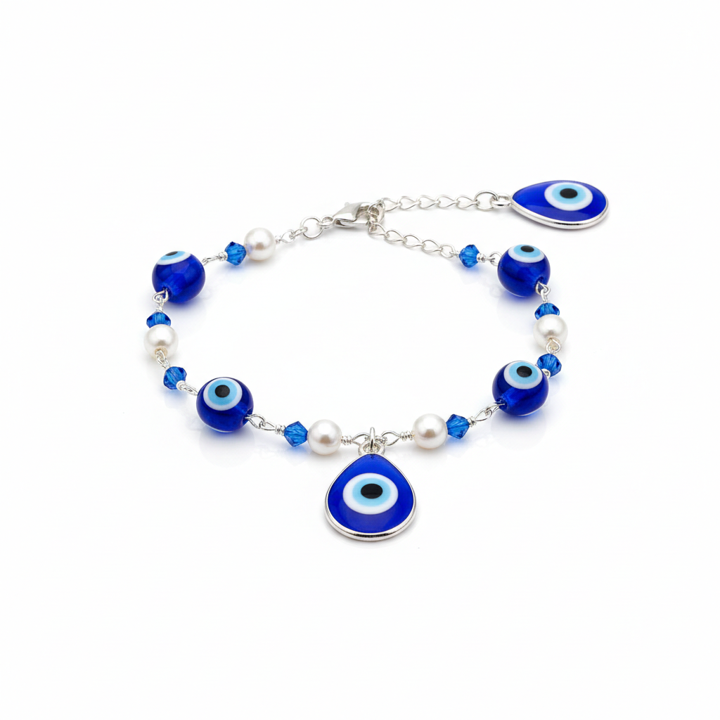 Evil eye protection bracelet full shot on white background showing striking blue evil eye charms