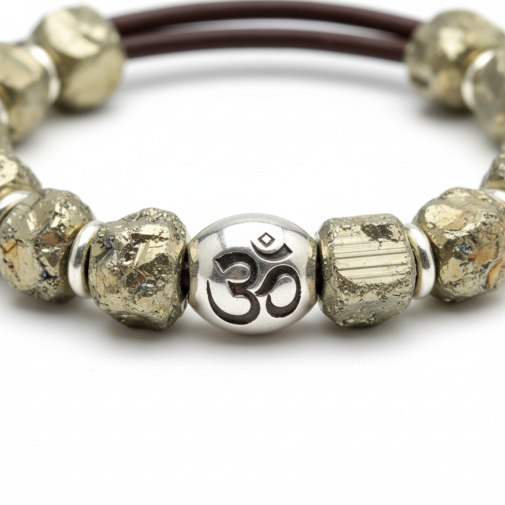 Raw Pyrite with Om Bead Bracelet close-up of raw pyrite beads and Om bead detail