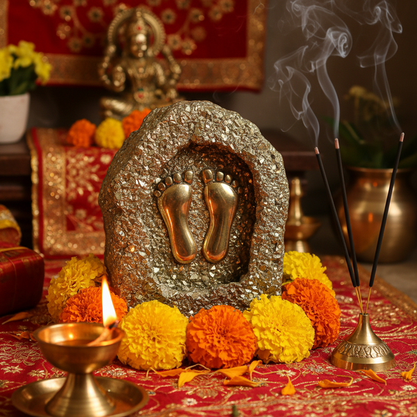 Maa Lakshmi Charan Paduka on Pyrite Frame in a spiritual Indian setting with diya, flowers and incense