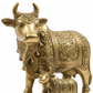 Brass Kamdhenu Cow with Calf Murti macro close-up of brass craftsmanship on white background