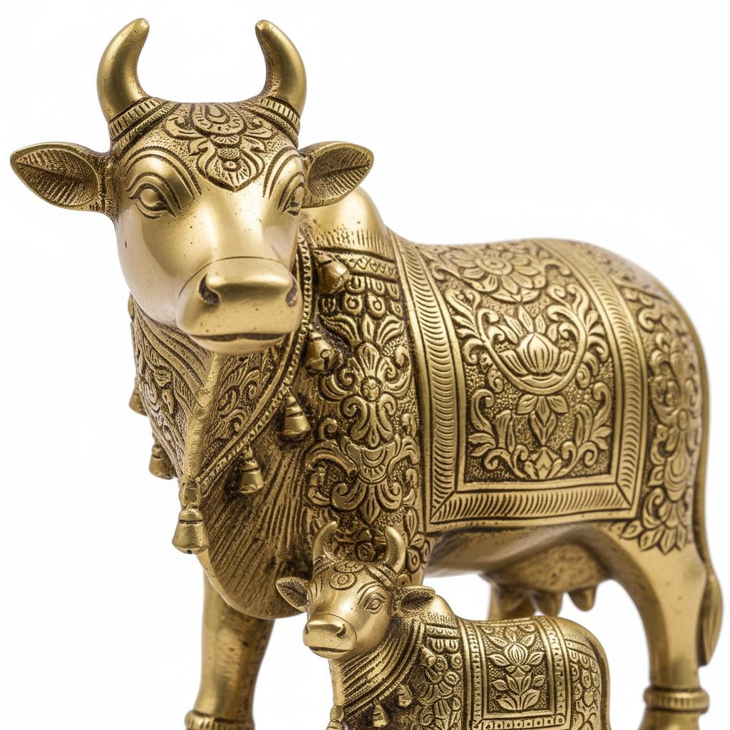 Brass Kamdhenu Cow with Calf Murti macro close-up of brass craftsmanship on white background