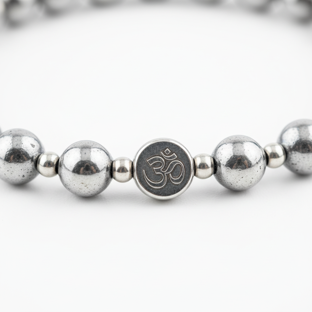 Karz Mukti Bracelet Silver Hematite close-up of mirror-like silver hematite beads