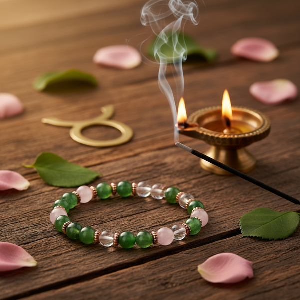 Taurus Bracelet zodiac crystals with rose petals and earth sign elements in a serene spiritual setting