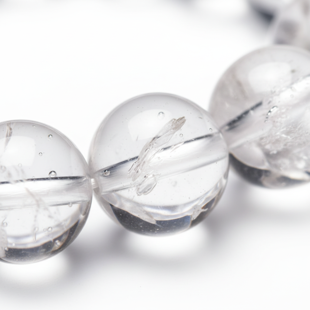 Natural Sphatik Crystal Bracelet macro close-up showing luminous transparent clarity and natural inclusions of sphatik beads